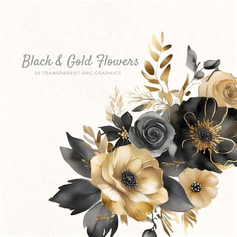 Stunning Watercolor Black And Gold Flower Clipart Printable Png Files