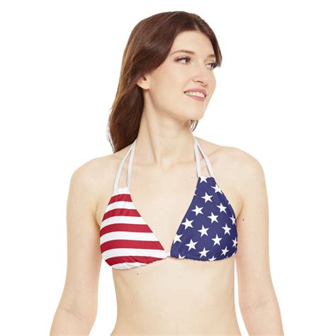 American Flag Strappy Triangle Bikini Top Patriotic Swimsuit Usa Halter Swimwear White Red Blue