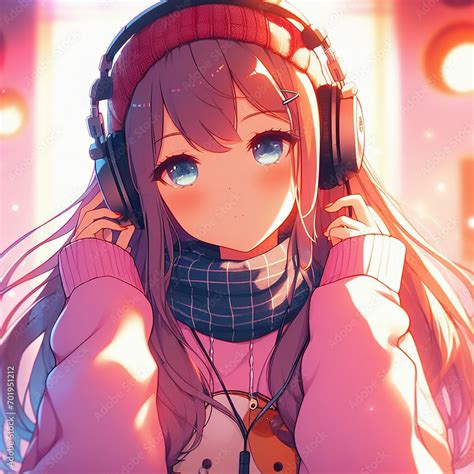 Beautiful Anime Girl Listening To Lofi Hip Hop Music With Headphones Anime Girl Listening To