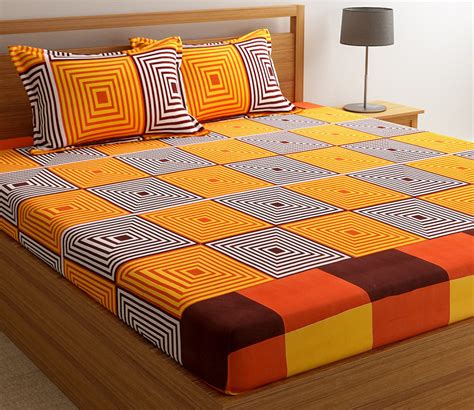 Buy Yellow Geometric Pattern 144 Tc 100 Cotton Double Bedsheet With 2