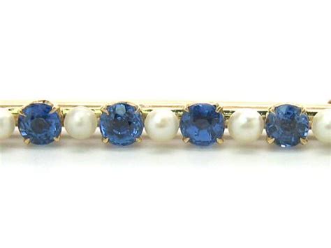 Sapphire Pearl Brooch Victorian Solid 14k Gold Bar Pin 6 Round Genuine