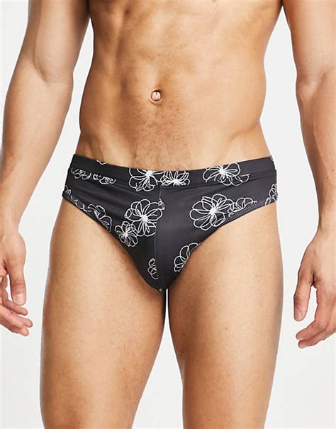 Asos Design Swim Briefs With Scribble Floral Print In Black Asos