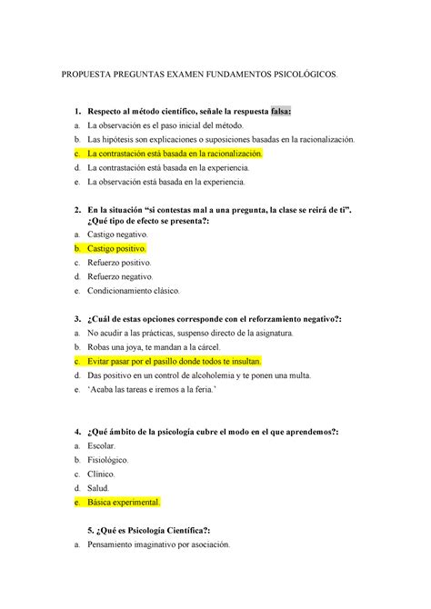 Examen Fundamentos De La Psicologia Resuelto Propuesta Preguntas