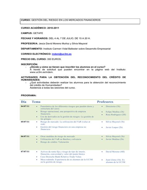 Gesti N Del Riesgo En Los Mercados Financieros