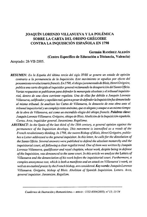 Pdf Joaqu N Lorenzo Villanueva Y La Pol Mica Sobre La Carta Del