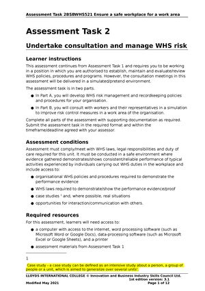 Bsbwhs Assessment Task V Area Record Of Competency