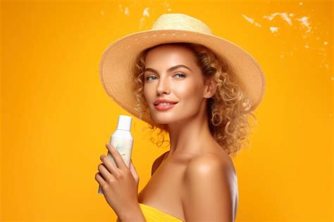 Premium Ai Image Beautiful Woman Applying Sunscreen One Color Background