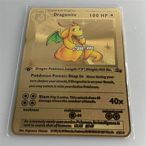 1st Edition Dragonite Pokemon Card Metal Stage 2 Gold 100 Hp 462 T