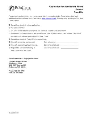 Fillable Online Application For Admissions Forms Grade Checklist Fax