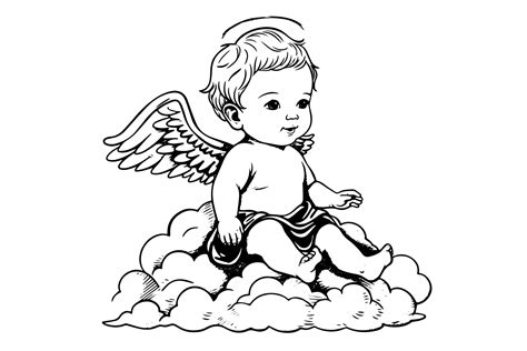 Hand drawn engraving sketch of cute little angel sits on a cloud ...