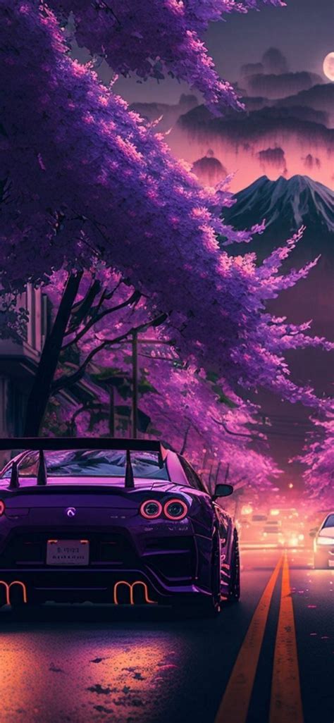 Two Cars Are Driving Down The Road In Front Of Trees With Purple