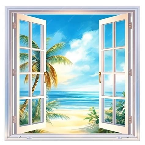 Premium AI Image | A window view of the beach with palm trees and the ocean generative ai