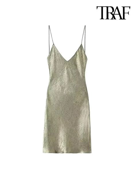 TRAF Women S Thin Straps Metallic Mini Dress Backless With Tied Female