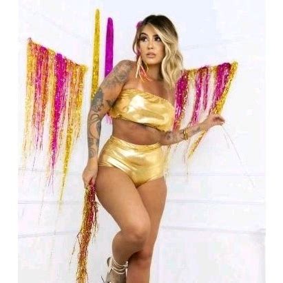 Conjunto Hot Pants Cintura Alta Short Cropped Faixa Metalizado Brilho Dourado Prata Fantasia