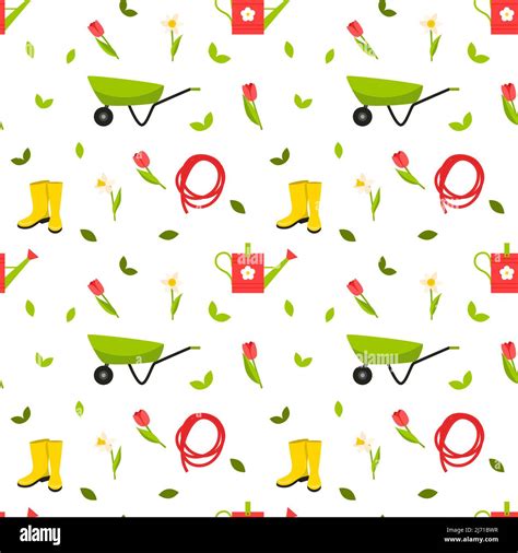 Seamless Pattern With Gardening Tools Boots Watering Can Wheelbarrow