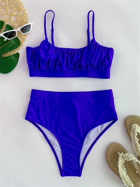 Shein Swim Mono Bikini Set Ruched Bust Cami Top High Waisted Bottom