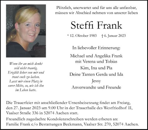 Traueranzeigen Von Steffi Frank Aachen Gedenkt