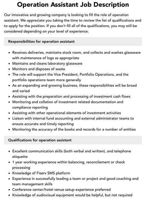 Operation Assistant Job Description Velvet Jobs