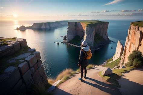 Premium Ai Image A Woman Stands On A Cliff Overlooking The Ocean And