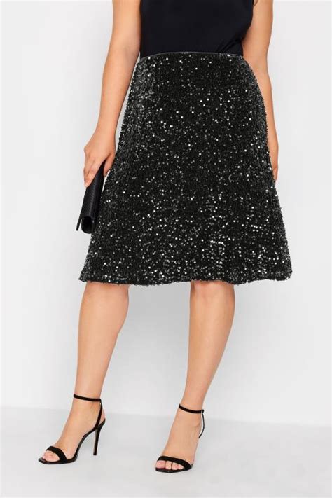 Yours London Plus Size Black Velvet Sequin Skater Skirt Yours Clothing