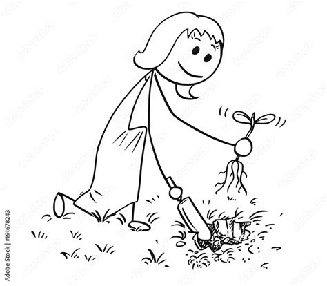 Cartoon stick man drawing illustration of gardener on garden digging a ...