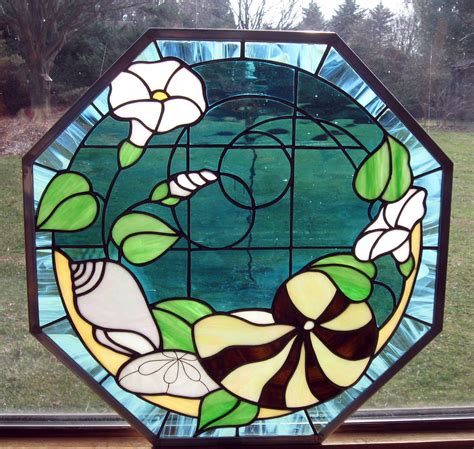 Seashell Ocean Seashore Octagon Stained Glass Window Panel