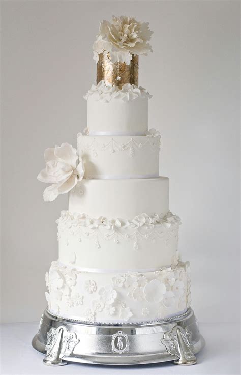 Silver Leaf And White Wedding Cake With Delicate Piped Detail Wedding