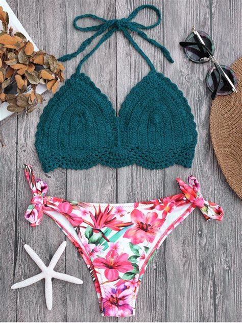 Tied Bralette Floral Crochet Bikini Set Blackish Green Crochet Bikini