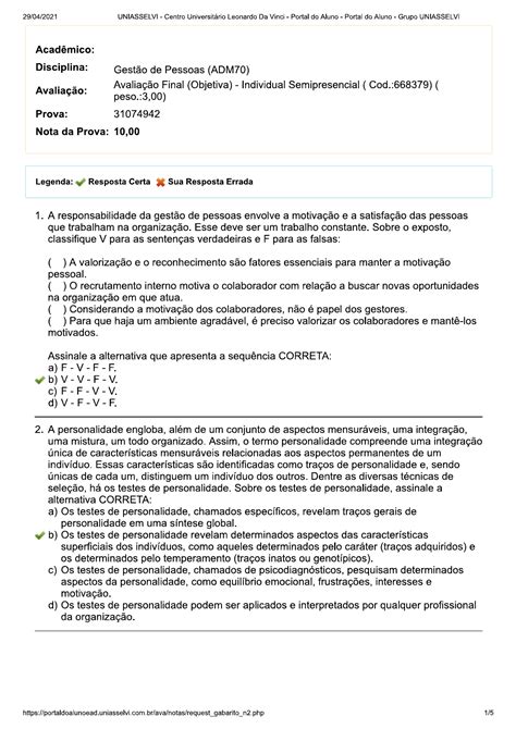 Gestão de Pessoas prova final objetiva Gestão de Pessoas Uniasselvi