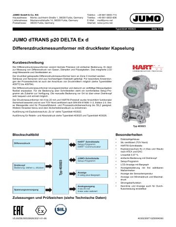 JUMO DTRANS P20 DELTA Ex D Differential Pressure Transmitter Datenblatt