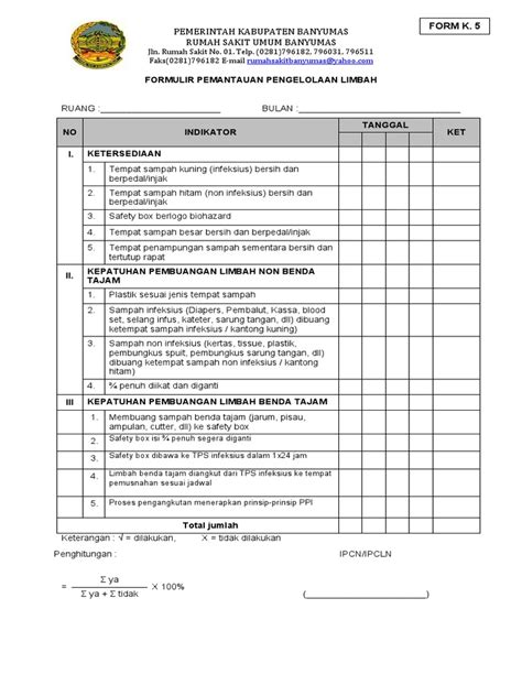 K 5 Formulir Monitoring Pengelolaan Limbah Ruangan Pdf