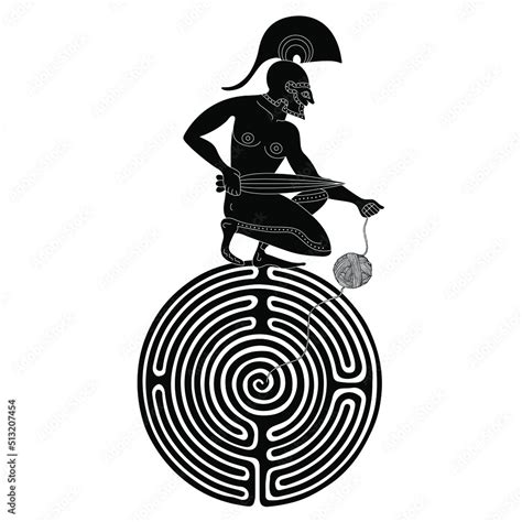 Ancient Greek Warrior Man Seated On Top Of A Round Spiral Maze Or