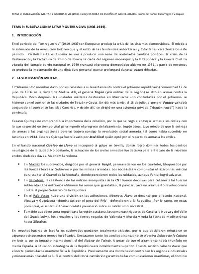 TEMA 9 SUBLEVACIÓN MILITAR Y GUERRA CIVIL HISTORIA DE ESPAÑA 2º