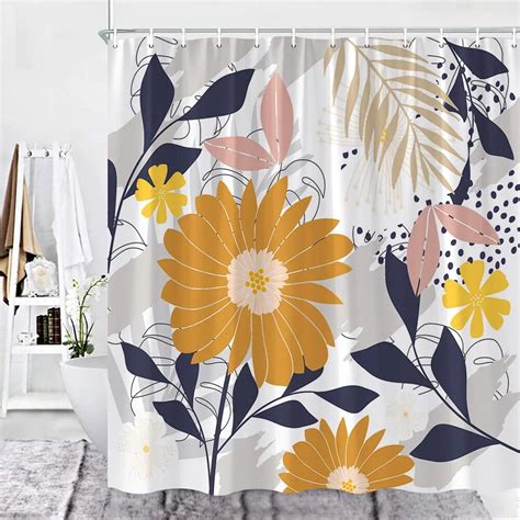 Abstract Shower Curtain Boho Flower Pattern Green Leaf Mid Century