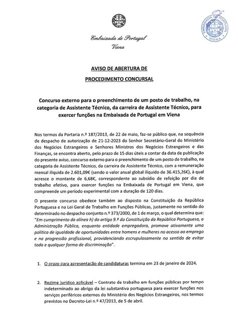 AVISO DE ABERTURA DE PROCEDIMENTO CONCURSAL Notícias A Embaixada