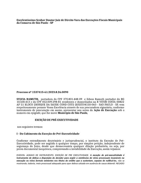 Modelo excecao de pre executividade Silvia Excelentíssimo Senhor