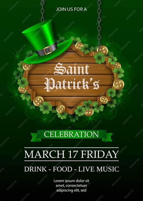 Premium Vector Saint Patrick S Day Poster With Wooden Signboard And Green Hat St Patrick S