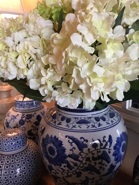 Simple Summer Arrangement White Hydrangeas In Blue Ginger Jar White