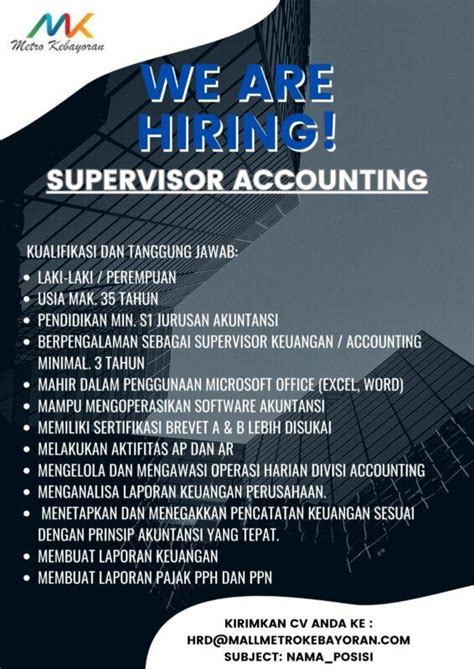 Lowongan Kerja Supervisor Accounting Graphic Designer Tenant