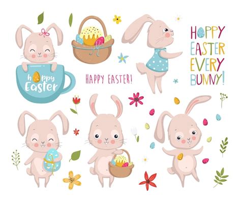 Premium Vector Set Of Easter Elements With Bunny Eggs Flowers Hoppy