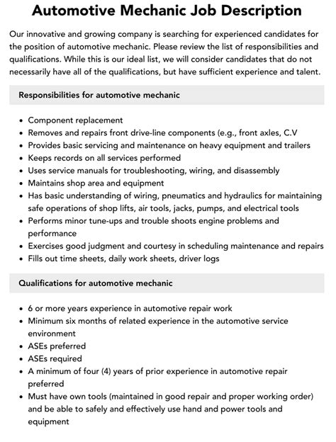 Automotive Mechanic Job Description | Velvet Jobs