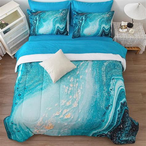 Bedbay Bed In A Bag Full Blue Gold Bedding Comforter Set 7 Pcs Marble Comforter Set