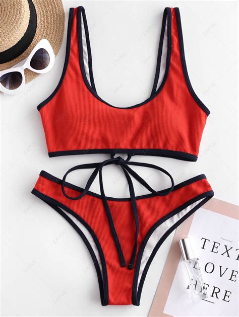 ZAFUL Ribbed Lace Up Contrast Piping Bikini Swimsuit In BRIGHT ORANGE