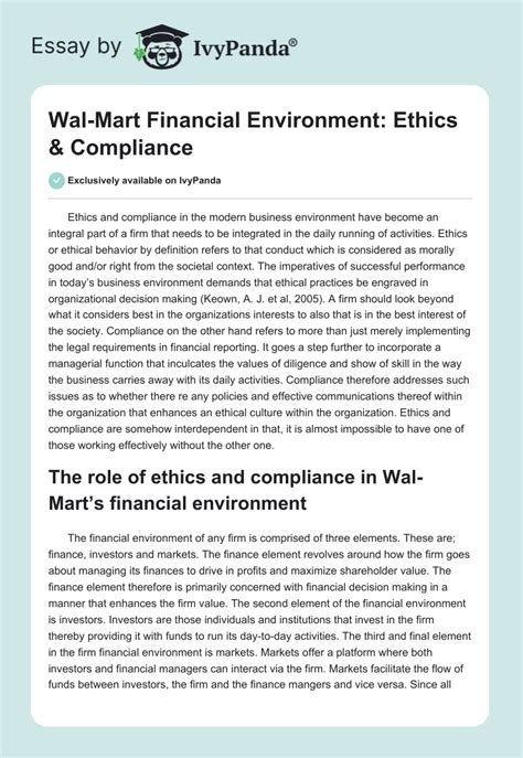 Wal Mart Financial Environment Ethics Compliance 672 Words