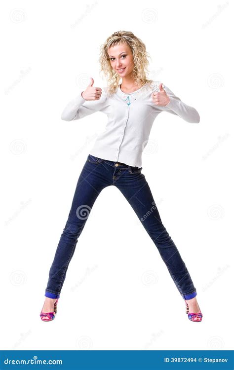 Full Body Young Woman In Casual Clothes Isolated Over A White Stock