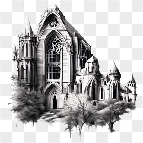 Télécharger Dessin d une église de style gothique avec tours et arbres