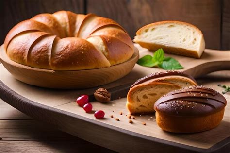 Premium Photo | Breads on a cutting board with a croissant and a loaf ...