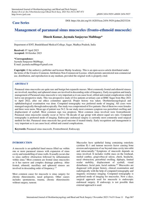 Pdf Management Of Paranasal Sinus Mucoceles Fronto Ethmoid Mucocele