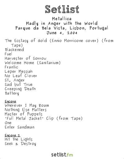 Metallica Setlist Parque da Bela Vista, Lisbon, Portugal 2004, Madly in ...