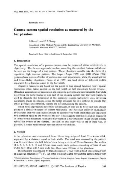 Gamma Camera Spatial Resolution As Measured By Nuclear Physics